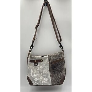 MYRA Bag Womens DOVE Brown Calf Hair Canvas Crossbody Adjustable Strap Zip Close